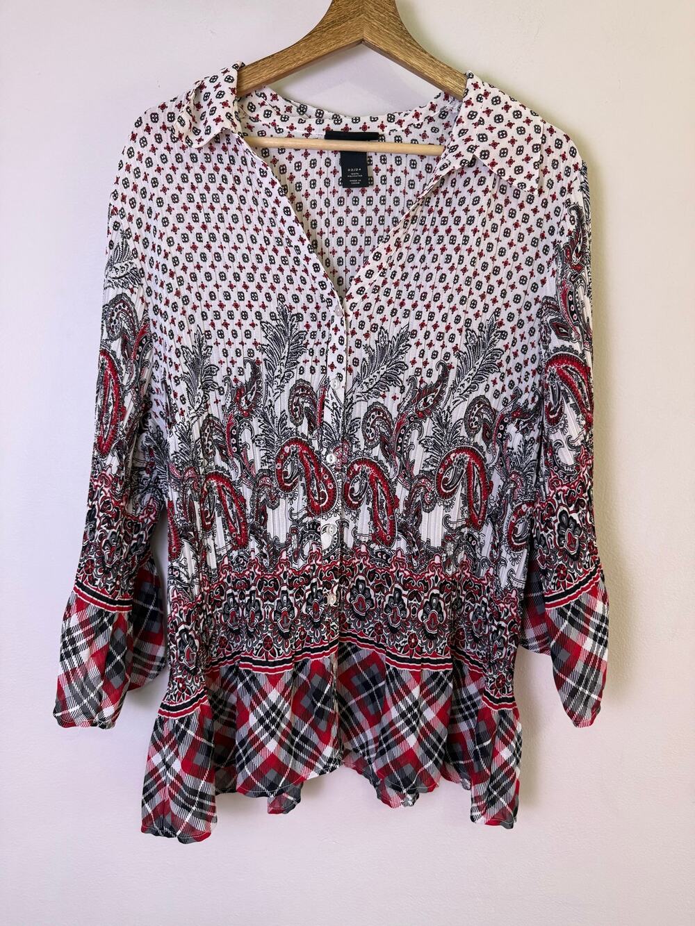 Lane Bryant Women’s Paisley & Plaid Mixed Print Button Front Blouse 22/24